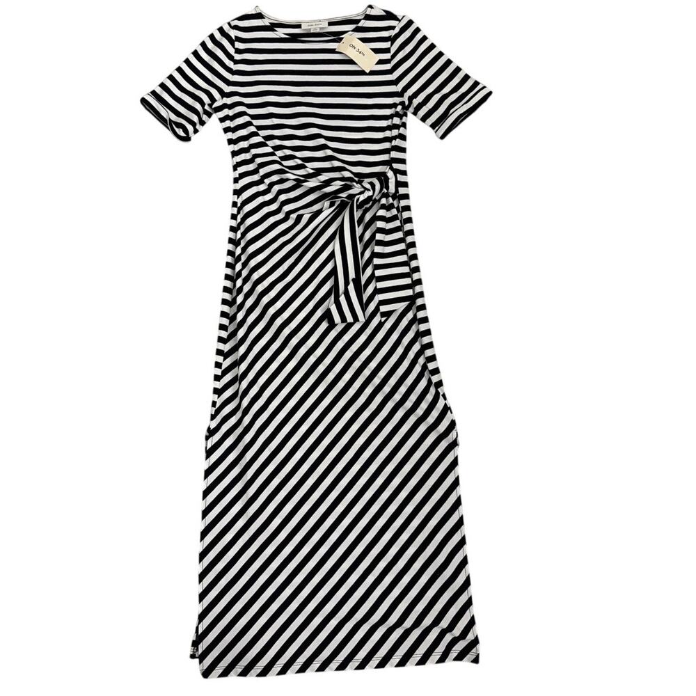 NWT On 34th Striped Tie-Waist Black White Stretch Fitted Midi Dress Size XS - Picture 2 of 5